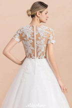 Elegant Short Sleeve Ball Gown White Lace Appliques Wedding Dress by misshow.com