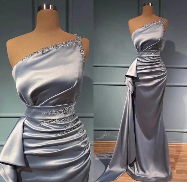 Elegant Silver Long Glitter One Shoulder Sleeveless Sequined Evening Dresses by misshow.com