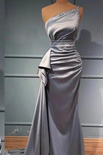 Elegant Silver Long Glitter One Shoulder Sleeveless Sequined Evening Dresses by misshow.com