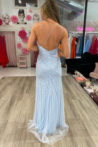 Elegant Sky Blue Sequined Spaghetti Straps backless Prom Dress With Slit