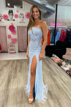 Elegant Sky Blue Sequined Spaghetti Straps backless Prom Dress With Slit by misshow.com