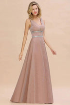 Elegant Sleeveless Aline Evening Swing Dress Bright Silk V-Neck Party Dress by misshow.com