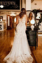 Elegant Sleeveless Straps V-neck A-Line Tulle Wedding Dress with Ruffles by misshow.com