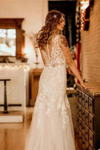 Elegant Sleeveless Straps V-neck A-Line Tulle Wedding Dress with Ruffles by misshow.com