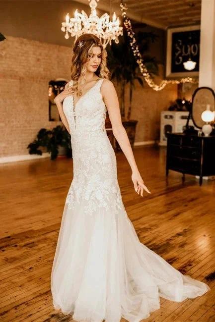 Elegant Sleeveless Straps V-neck A-Line Tulle Wedding Dress with Ruffles by misshow.com