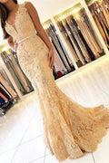 Elegant Sleeveless V-Neck Mermaid Evening Dress with Lace Appliques by misshow.com