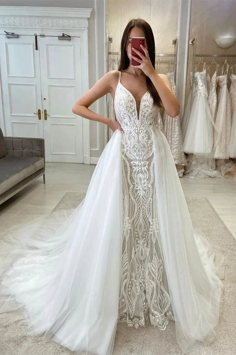 Elegant Spaghetti Straps A-line Sleeveless Wedding Dress With Detachable Train by misshow.com