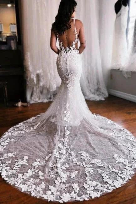 Elegant spaghetti straps sleeveless mermaid lace wedding dress by misshow.com