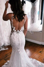Elegant spaghetti straps sleeveless mermaid lace wedding dress by misshow.com