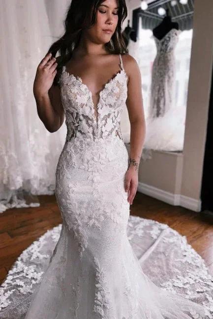 Elegant spaghetti straps sleeveless mermaid lace wedding dress by misshow.com