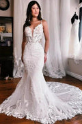 Elegant spaghetti straps sleeveless mermaid lace wedding dress by misshow.com