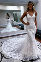Elegant spaghettistraps sleeveless mermaid lace Wedding dresses by misshow.com