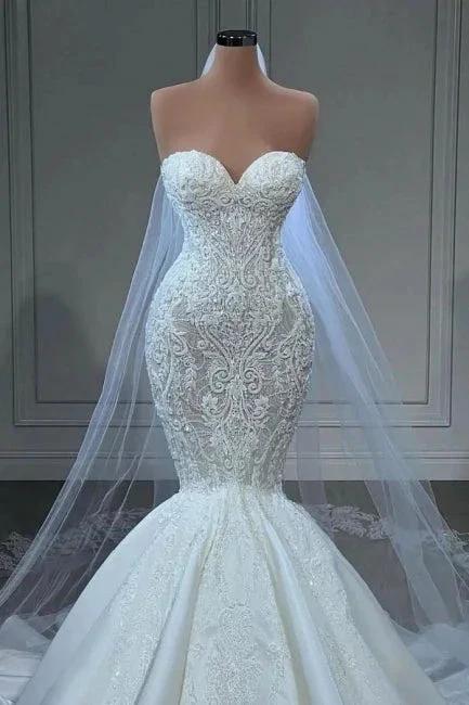 Elegant Strapless Sleeveless Mermaid Satin Floor-Length Wedding Dresses with Lace by misshow.com