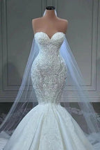Elegant Strapless Sleeveless Mermaid Satin Floor-Length Wedding Dresses with Lace by misshow.com