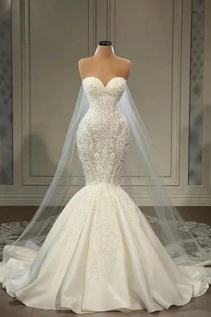 Elegant Strapless Sleeveless Mermaid Satin Floor-Length Wedding Dresses with Lace by misshow.com
