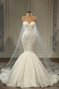 Elegant Strapless Sleeveless Mermaid Satin Floor-Length Wedding Dresses with Lace by misshow.com