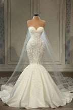 Elegant Strapless Sleeveless Mermaid Satin Floor-Length Wedding Dresses with Lace by misshow.com