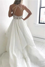 Elegant Straps Ivory Long Wedding Dress with Lace Top WD274 by pgmdress