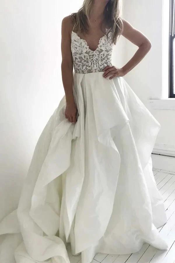 Elegant Straps Ivory Long Wedding Dress with Lace Top WD274 by pgmdress