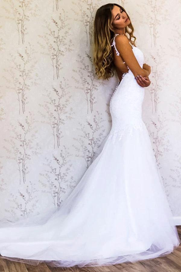 Elegant Straps Mermaid White Long Wedding Dress Bridal Gown WD209 by pgmdress