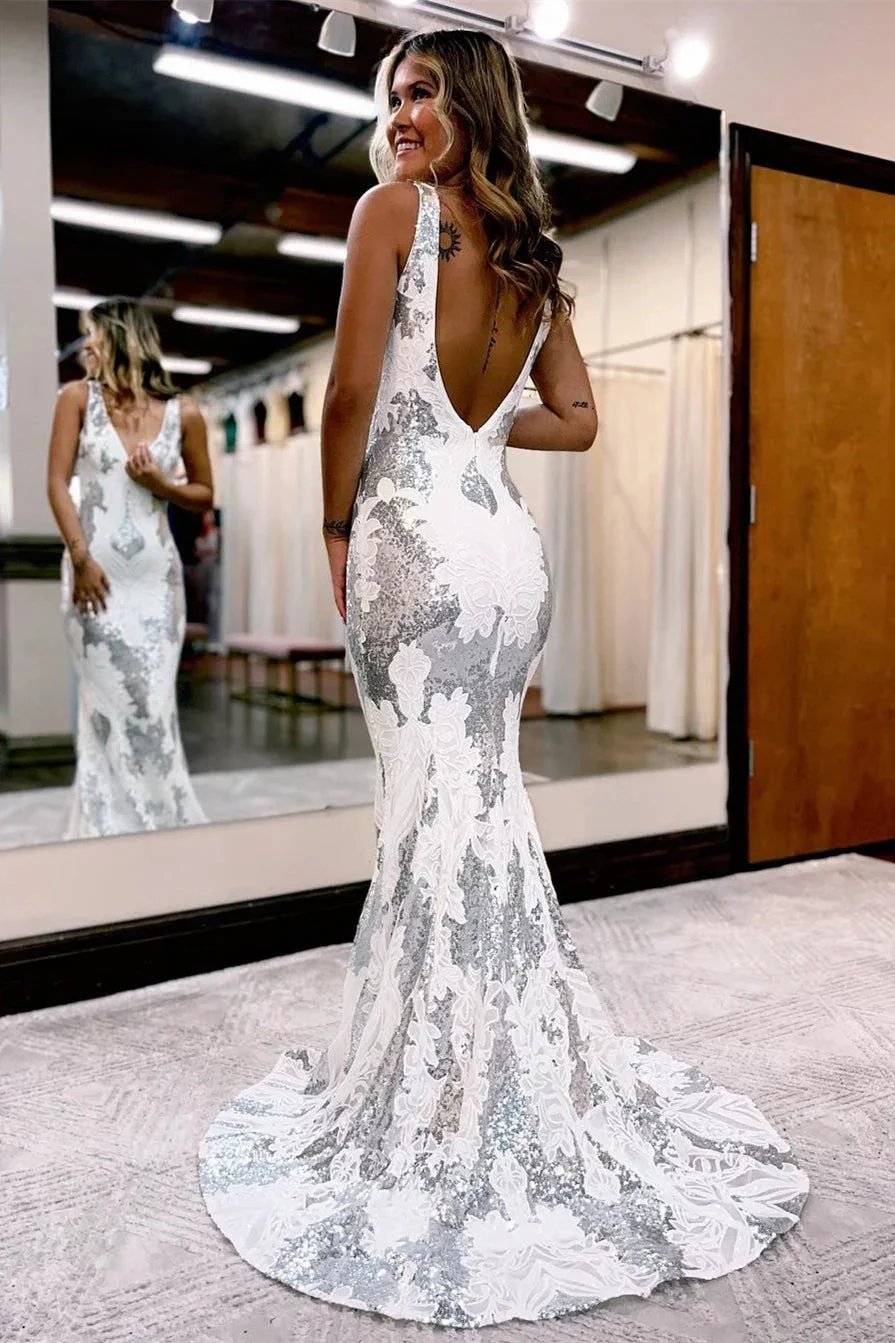 Elegant Straps V-neck Backless Mermaid Prom Dress With Lace by misshow.com