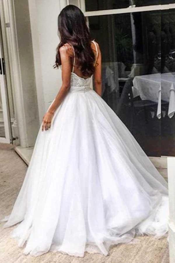 Elegant Sweep Train Backless Wedding Dress with Lace Top Spaghetti Straps WD271 by pgmdress