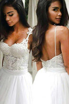 Elegant Sweep Train Backless Wedding Dress with Lace Top Spaghetti Straps WD271 by pgmdress