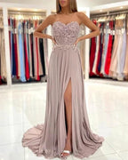 Elegant Sweetheart Appliques A-Line Ruffles Floor-length Prom Dress With Side Slit by misshow.com