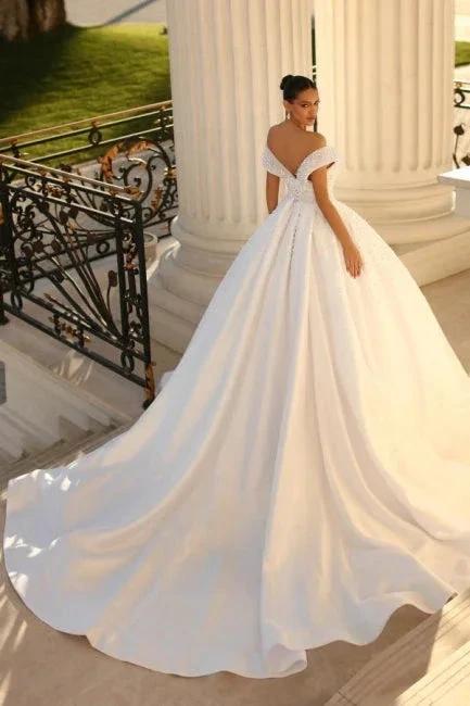 Elegant sweetheart cap sleeves ball gown satin wedding dress sequined by misshow.com
