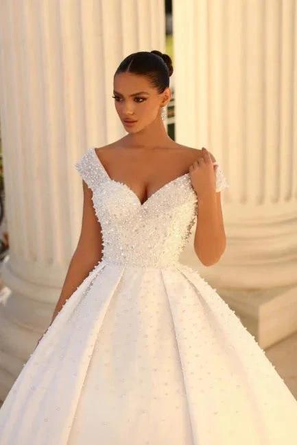 Elegant sweetheart cap sleeves ball gown satin wedding dress sequined by misshow.com