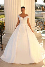 Elegant sweetheart cap sleeves ball gown satin wedding dress sequined by misshow.com