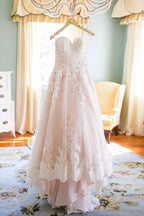 Elegant Sweetheart High Low Blush Wedding Dress with White Lace WD093 by pgmdress