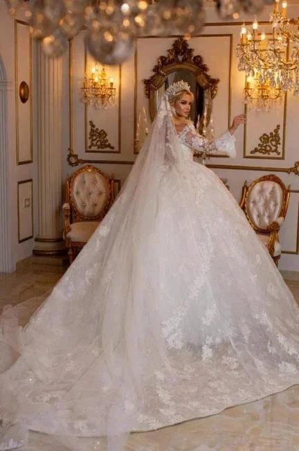 Elegant Sweetheart Long Sleeves Ball Gown Lace Wedding Gowns Bridal Dresses by misshow.com