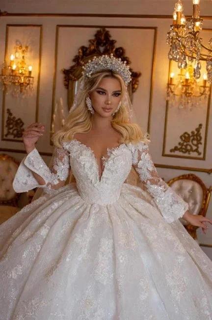 Elegant Sweetheart Long Sleeves Ball Gown Lace Wedding Gowns Bridal Dresses by misshow.com