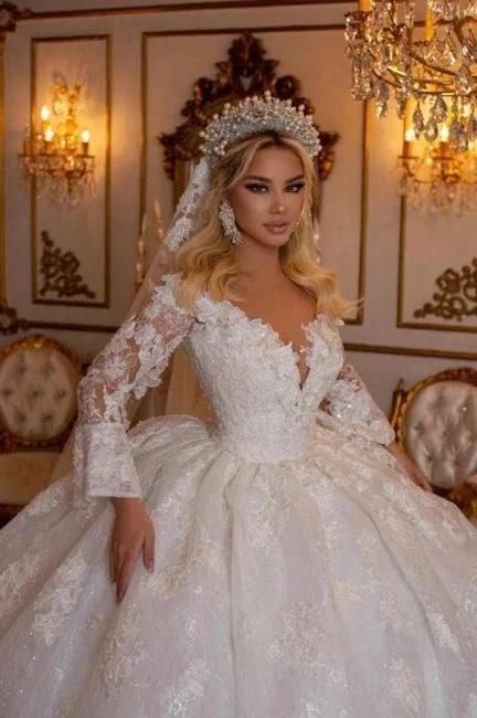 Elegant Sweetheart Long Sleeves Ball Gown Lace Wedding Gowns Bridal Dresses by misshow.com