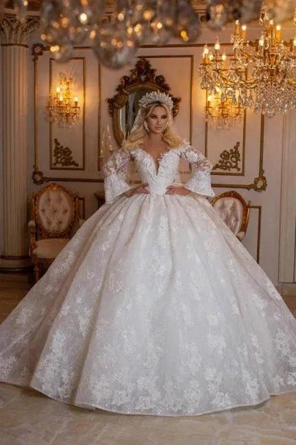 Elegant Sweetheart Long Sleeves Ball Gown Lace Wedding Gowns Bridal Dresses by misshow.com