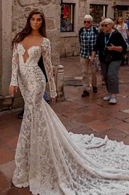 Elegant sweetheart longsleeves mermaid lace Wedding dresses by misshow.com