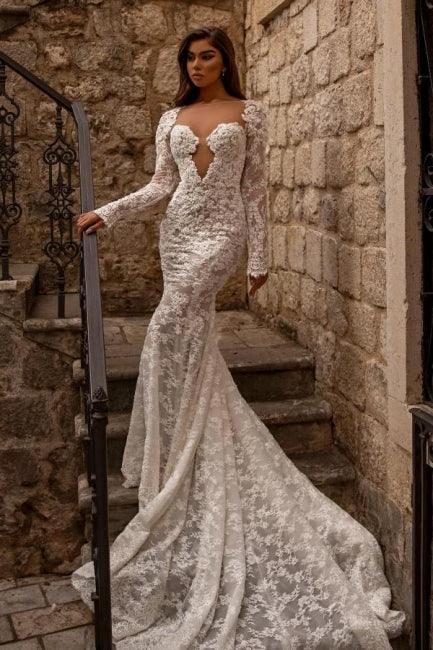 Elegant sweetheart longsleeves mermaid lace Wedding dresses by misshow.com