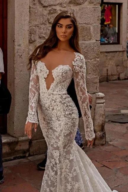Elegant sweetheart longsleeves mermaid lace Wedding dresses by misshow.com