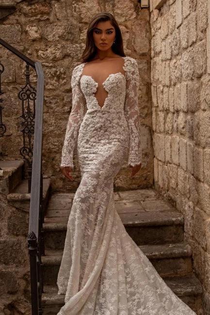 Elegant sweetheart longsleeves mermaid lace Wedding dresses by misshow.com
