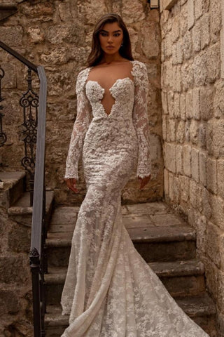 Elegant sweetheart longsleeves mermaid lace Wedding dresses