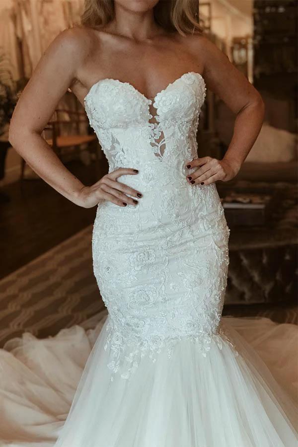 Elegant Sweetheart Mermaid Lace Long Wedding Dress With Beading WD356 by pgmdress