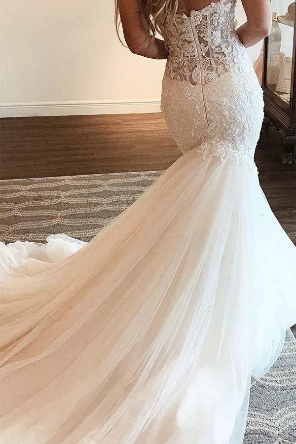 Elegant Sweetheart Mermaid Lace Long Wedding Dress With Beading WD356 by pgmdress