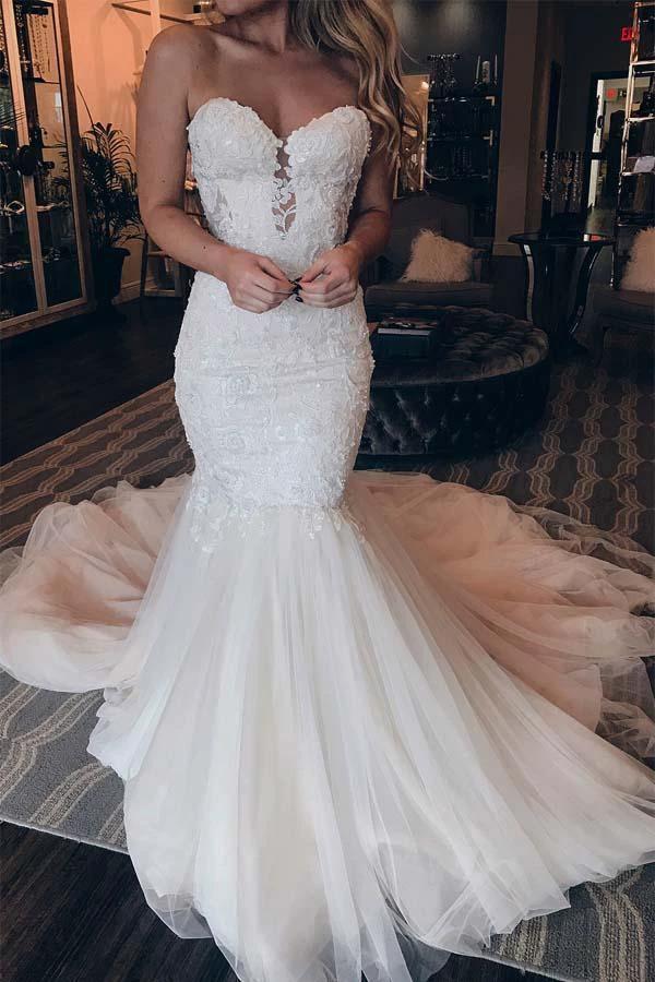 Elegant Sweetheart Mermaid Lace Long Wedding Dress With Beading WD356 by pgmdress