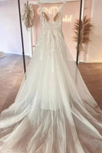 Elegant sweetheart V-neck sleeveless a-line lace Wedding dresses by misshow.com