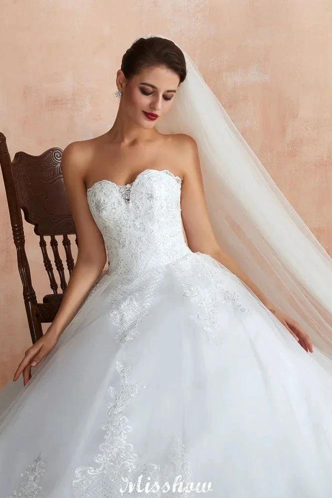 Elegant Sweetheart White Wedding Dress | Simple Tulle Beach Aline Ball Gown by misshow.com