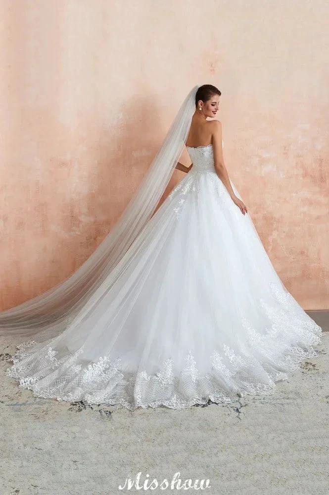 Elegant Sweetheart White Wedding Dress | Simple Tulle Beach Aline Ball Gown by misshow.com