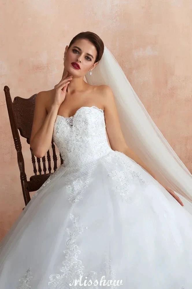 Elegant Sweetheart White Wedding Dress | Simple Tulle Beach Aline Ball Gown by misshow.com