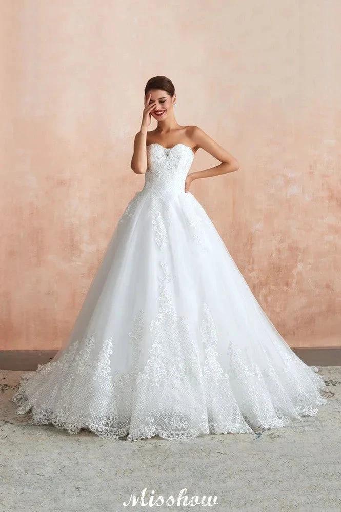 Elegant Sweetheart White Wedding Dress | Simple Tulle Beach Aline Ball Gown by misshow.com