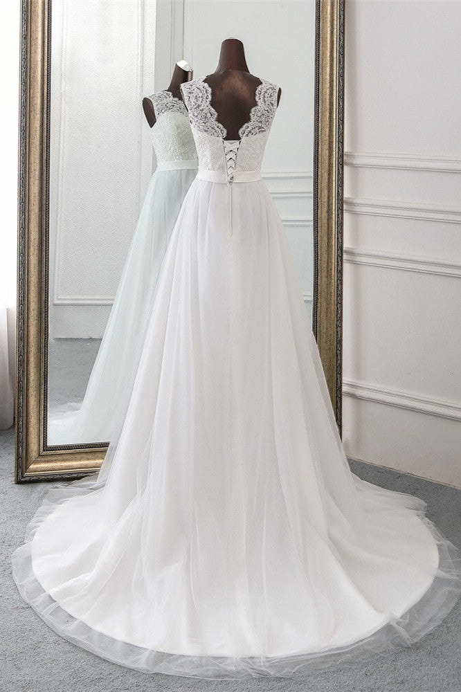 Elegant Tullace Jewel Sleeveless White Wedding Dresses with Appliques